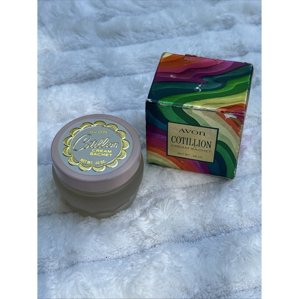 Vintage Avon Cotillion Cream Sachet Frosted Glass Jar and Original Box